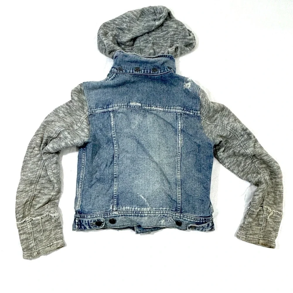 Free People Cotton Denim Jean Knit Hoodie Collared Layered Jacket Blue Gray S - Picture 8 of 12